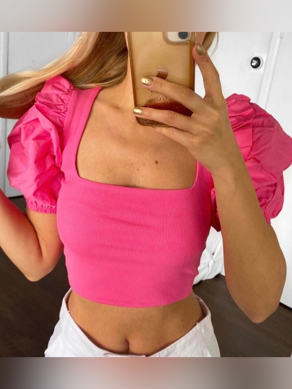 ZARA Hot Pink Puff Sleeve Square Neck Ribbed Crop Top